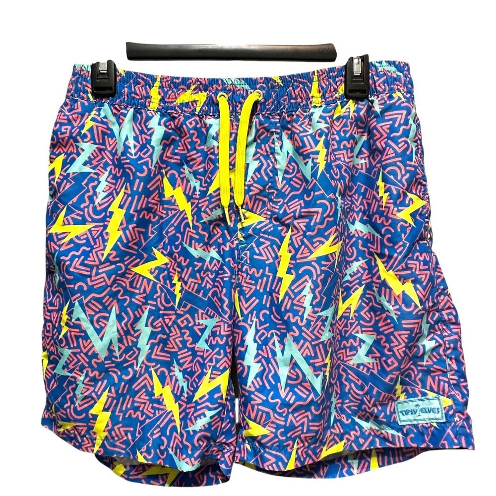 Tipsy Elves 90's Print‎ Size Medium Swim Trunks Drawstring Stretch Waist Pockets